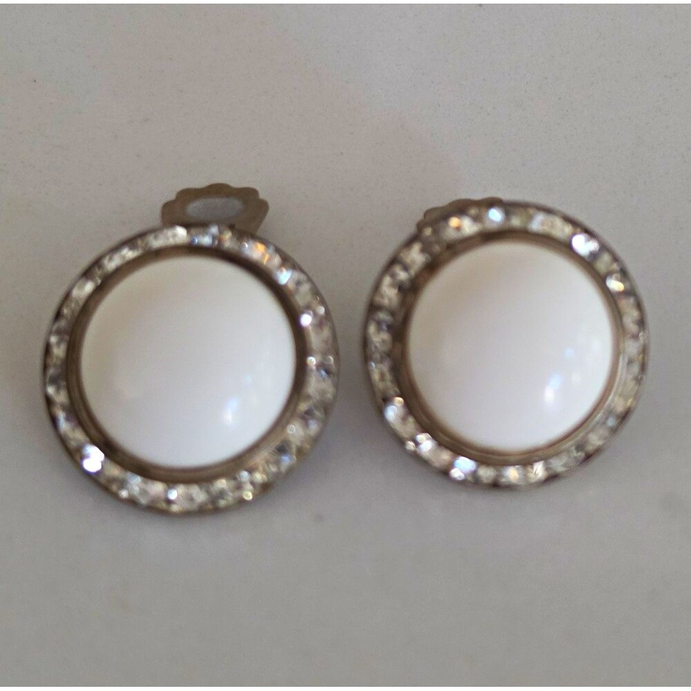 SilverTone Round ClipOn Stud Earrings White Cabochon Soround Clear Crystal Halo